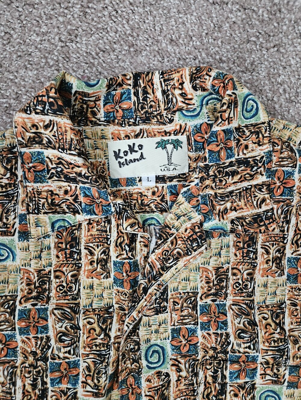 KOKO ISLAND Vintage Classic Hawaiian Tiki Block Print Shirt | SZ L - Picture 5 of 6